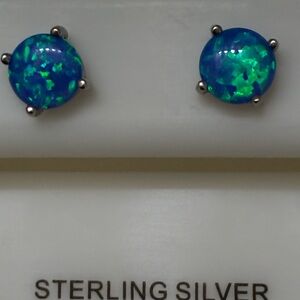 NWT Fire Blue Opal Sterling Silver Stud Earrings with a lot of Flashy Fire